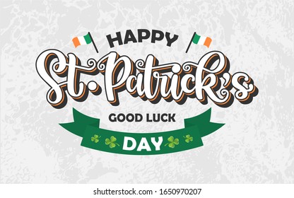 Vector St. Patrick’s Day logotype. Hand sketched lettering typography with flags, clovers and ribbon on textured background. Festive illustration for poster, flyer, invitation, sticker, badge, icon