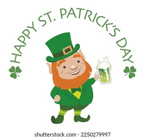 Vector St. Patrick’s Day Symbol Character Holding A Green Beer Mug Isolated On A White Background.