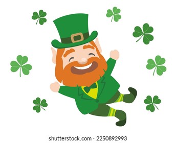Vector St. Patrick’s Day Symbol Character With A Happy Smile And Shamrock Leaves Around Him Isolated On A White Background. 