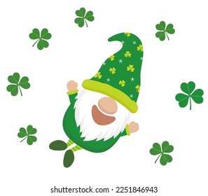 Vector St. Patrick’s Day Symbol Character With A Happy Smile And Shamrock Leaves Around Him Isolated On A White Background.