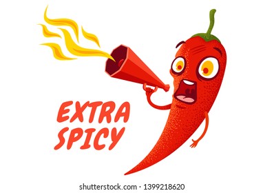 Vector st illustration of a spicy chilli pepper with flame. Cartoon red chilli for mexican or thai food. Cartoon chili pepper with red megaphone.