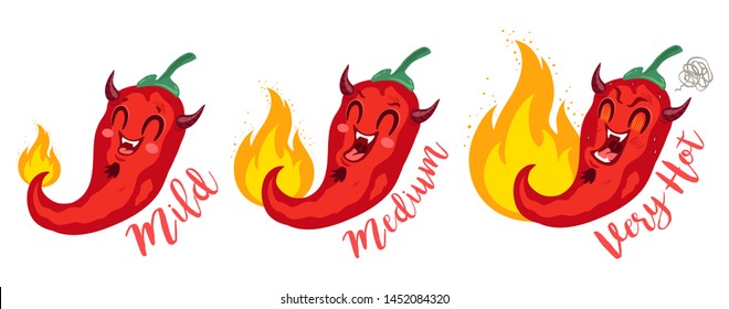 Vector st illustration of a spicy chilli peppers with flame. Cartoon red chilli for mexican or thai food. Cartoon different red chillies. Devil chili