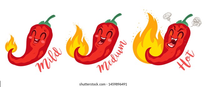 Vector st illustration of a spicy chilli peppers with flame. Cartoon red chilli pepper for mexican or thai food. Cartoon different red chillies. 