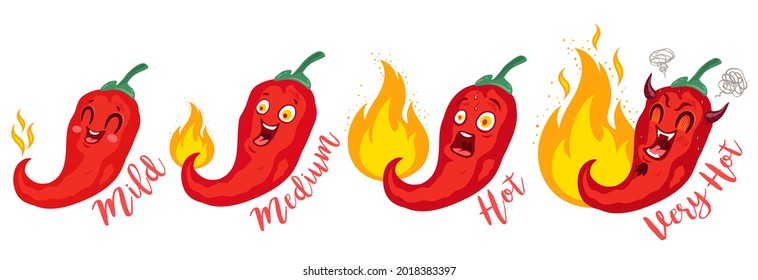 Vector St Illustration Of A Spicy Chilli Peppers With Flame. Cartoon Red Chilli For Mexican Or Thai Food. Cartoon Different Red Chillies. Spicy Chili Pepper.