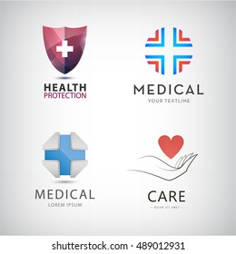 Vector st of medical cross, health protection, life support logos, icons, signs. Hospital, clinic, doctor