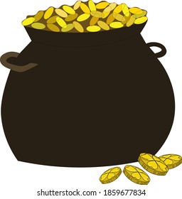 Vector St. Patrick pot of gold. Brown pot with golden yellow coins.