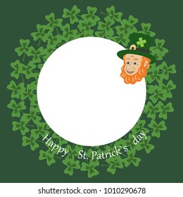 Vector of St. Patrick`s day banner with clover frame,Leprechaun head ,words Happy St. Patrick`s day and space for text