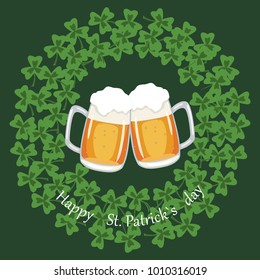 Vector of St. Patrick`s
 day banner with mugs of beer in round clover frame and words happy st.Patricks day