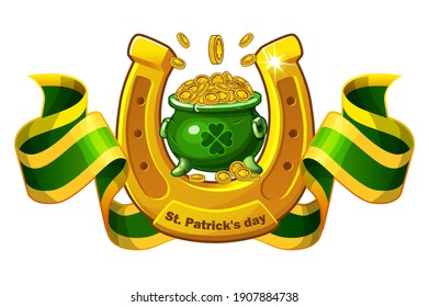 Vector St. Patricks Day banner with green pot of coins. Illustration of a golden horseshoe and ribbon.