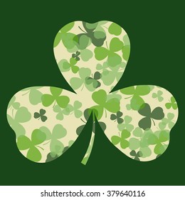 Vector St Patrick's day card. Green and white clover leaves on clover leaf shape and dark background. Irish design for card, invitation or greeting, textile, website, brochures and booklets