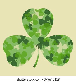 Vector St Patrick's day card. Green clover leaves on clover leaf shape and white or beige background. Irish design for card, invitation or greeting, textile, website, brochures and booklets