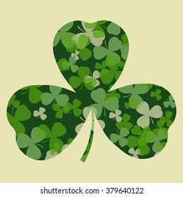Vector St Patrick's day card. Green clover leaves on clover leaf shape and white or beige background. Irish design for card, invitation or greeting, textile, website, brochures and booklets