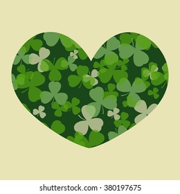 Vector St Patrick's day card. Green clover leaves on clover heart shape and white or beige background. Irish spring design for card, invitation or greeting, textile, website, brochures and booklets