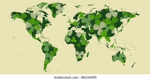 Vector St Patrick's day card. Green clover leaves on world map shape and white or beige background. Irish spring design for card, invitation or greeting, website. International holiday