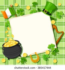 Vector St. Patrick's day card with pot of gold, leprechaun hat, Irish flag, harp, horseshoe, shamrock leaves and coins on a tartan background.