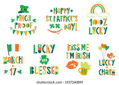 Vector St. Patrick's Day clipart con el color irlandés tradicional y elementos festivos para pegatinas, afiches, tarjetas de felicitación, camisetas, decoración.