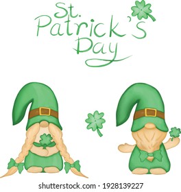 Vector - St. Patrick's day and Gnome man and woman with clover leaves (Shamrock). Can be use decorate for any card, web, poster. Holiday season. 