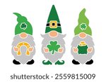 Vector St Patricks Day gnomes with with clover, horseshoe and pot of gold. Cute Irish holiday illustration for prints, invitations, greeting cards, banners, posters. Template for plotter cutting