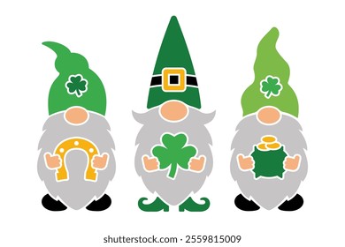 Vector St Patricks Day gnomes with with clover, horseshoe and pot of gold. Cute Irish holiday illustration for prints, invitations, greeting cards, banners, posters. Template for plotter cutting