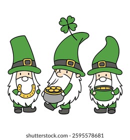 Vector St Patricks Day gnomes with with clover, horseshoe and pot of gold. Cute Irish holiday illustration for prints, invitations, greeting cards, banners, posters. Template for plotter cutting.