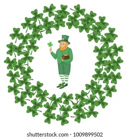 Vector of St. Patricks day greeting design.Leprechaun in round frame with clover.
