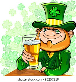 Vector St. Patrick's Day happy leprechaun drinks beer