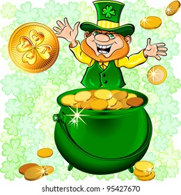 Vector St. Patrick's Day happy leprechaun with a pot full of gold money coin