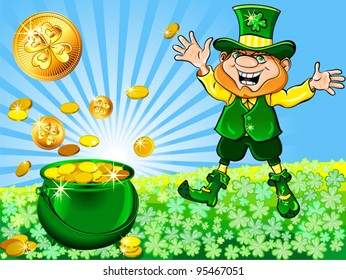 Vector St. Patrick's Day happy leprechaun dancing with a pot of gold coins on a meadow of clover at sunrise