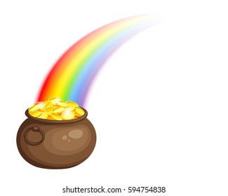 Vector St. Patrick's day illustration with leprechaun's pot of gold and rainbow isolated on a white background.