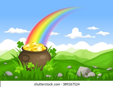 Vector St. Patrick's day Irish landscape with leprechaun's pot of gold and rainbow.