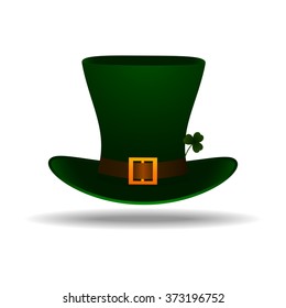 Vector St. Patrick's Day leprechaun hat with shamrock. Isolated on white background.