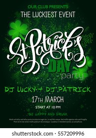 Vector st Patrick's day party poster with lettering, clover leaf and branches.