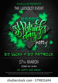 Vector St. Patrick's day party poster with lettering, clover leaf, doodle branches and rhombus.