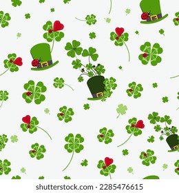 Vector St. Patrick's day pattern with green clover leaves and hats