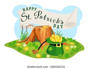 Vector St. Patrick's day poster depicting full gold coin hat and leprechaun tube on glade with clover at stump on blue background. Place with wish for happy holiday.