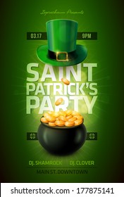 Vector St. Patrick's Day poster design template. Pot of Gold and Leprechaun green hat.  Elements are layered separately in vector file.