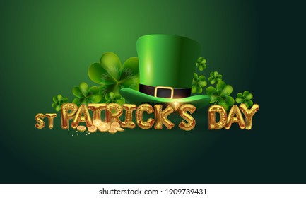 Vector St. Patrick's Day poster design template. green leprechaun hat and shamrock clover. Metal gold letters of congratulations.The elements are layered separately in the vector file.