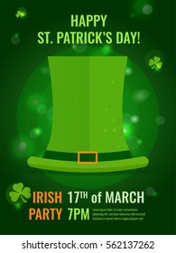 Vector St. Patrick's Day poster design template with green hat. For party, invitations, greeting cards.