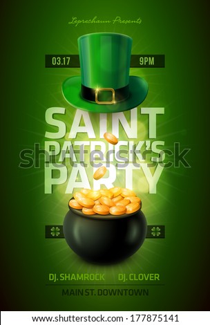 Vector St. Patrick's Day poster design template. Pot of Gold and Leprechaun green hat.  Elements are layered separately in vector file.