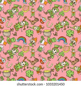 vector St. Patricks day seamless pattern of symbols and holiday decoration elements red background