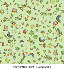 vector St. Patricks day seamless pattern of symbols and holiday decoration elements green background