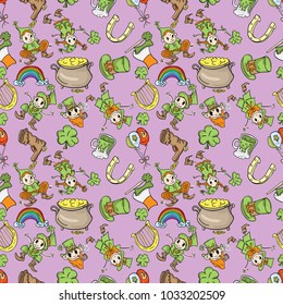 vector St. Patricks day seamless pattern of symbols and holiday decoration elements purple background