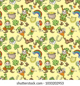 vector St. Patricks day seamless pattern of symbols and holiday decoration elements yellow background