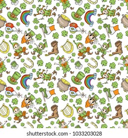 vector St. Patricks day seamless pattern of symbols and holiday decoration elements white background