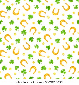 Vector St. Patrick's day seamless pattern with green shamrock leaves, gold coins and horseshoes on a white background.