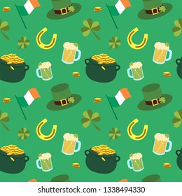 Vector St. Patrick's day seamless pattern with green shamrock leaves, gold coins, horseshoes, flag, hat, Beer mugs and pot of gold on a green background.