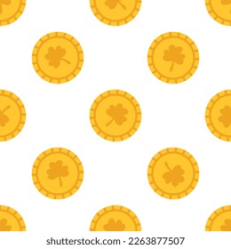 Vector St Patricks day seamless pattern. Pattern with gold coins with clover leaf on white background. Print for celebrating St Patricks day. Money and wealth. 