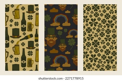 Vector St. Patrick's Day seamless patterns set. Holiday icons collection. Concepts of Irish culture elements. Traditional celebration attributes. Fabric textile print. Artwork for modern layout design