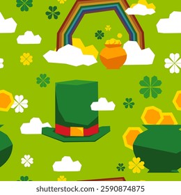 Vector St. Patrick's Day seamless pattern. Bright holiday print. Big Leprechaun hat. Cartoon rainbow, clouds, pot of gold. Many rough-shape icons. Funny festive elements set. Cute graphic background