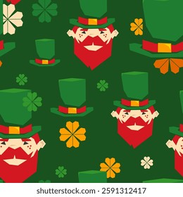 Vector St. Patrick's Day seamless pattern. Cute Leprechaun signs in big top hat. Bright graphic holiday print. Many four leaf clover icons. Funny festive background. Cartoon rough-shape style drawing